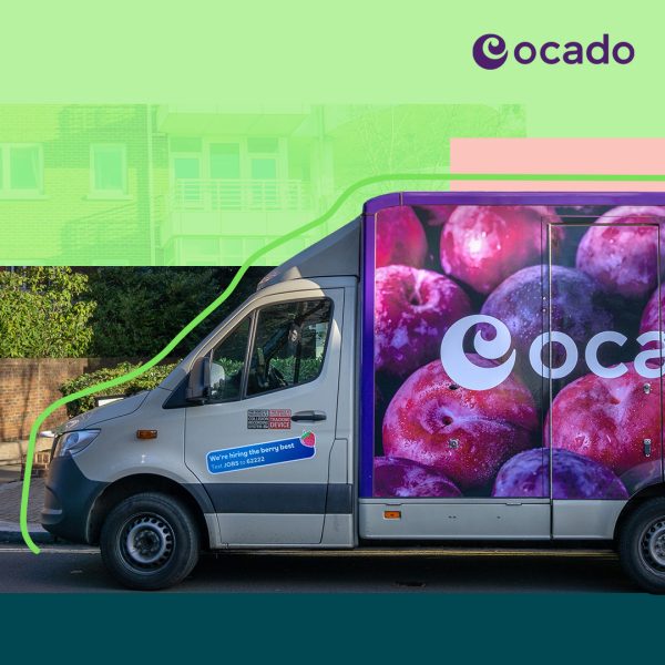 Side profile of an Ocado food delivery van with new purple branding on side